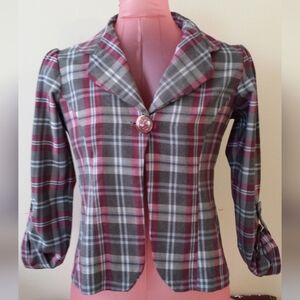 Grey & Pink Plaid Short Jacket Women's Size S Tailor Made Top Gray Plaid Top